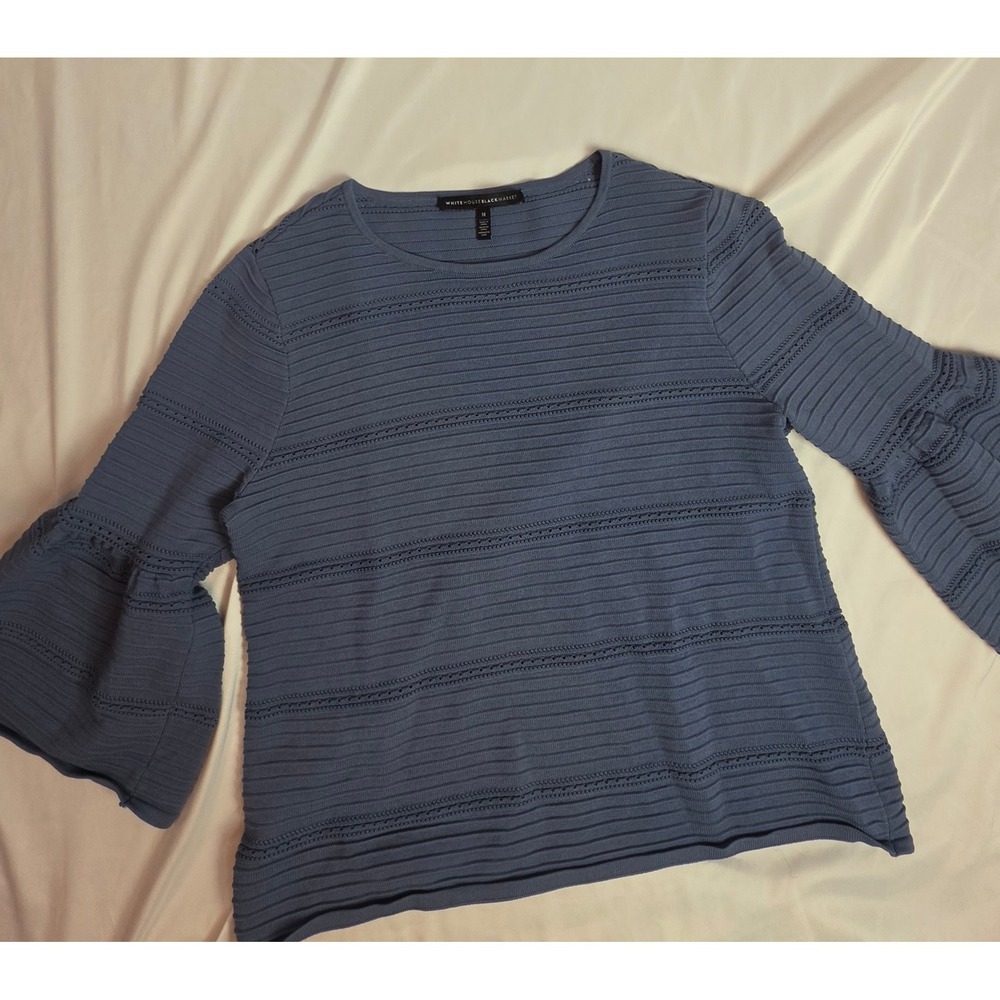 White House Black Market Blue Bell Sleeve Ribbed Knit Top Pointelle Sweater M